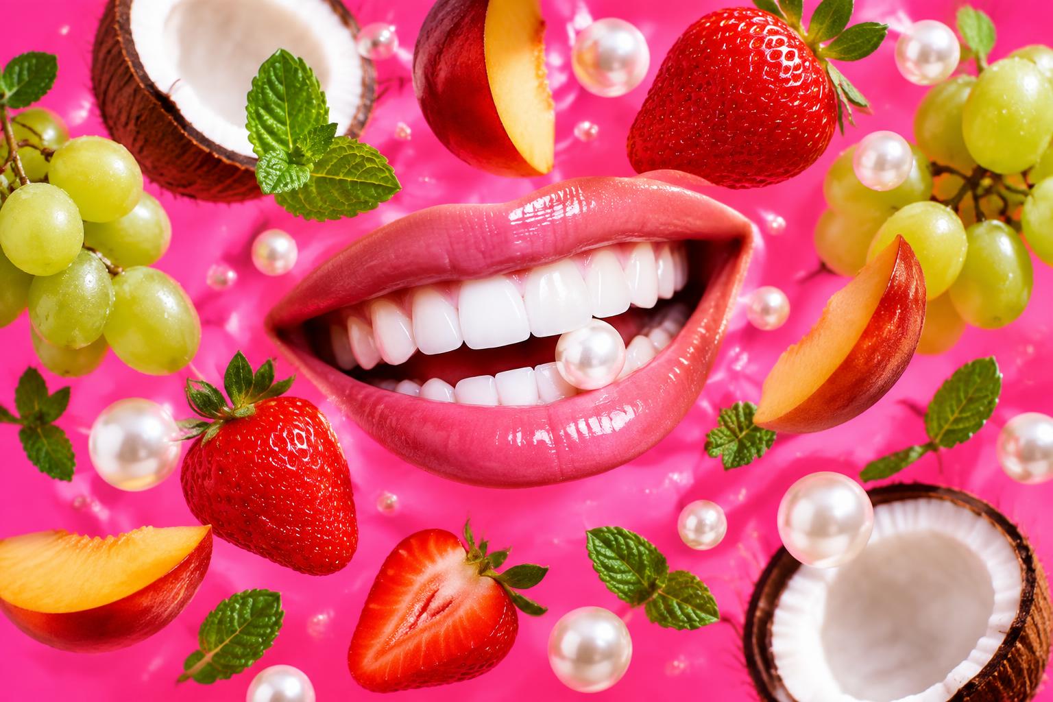 Fruit-and-smile collage with strawberries, grapes, coconut, peach and pearls